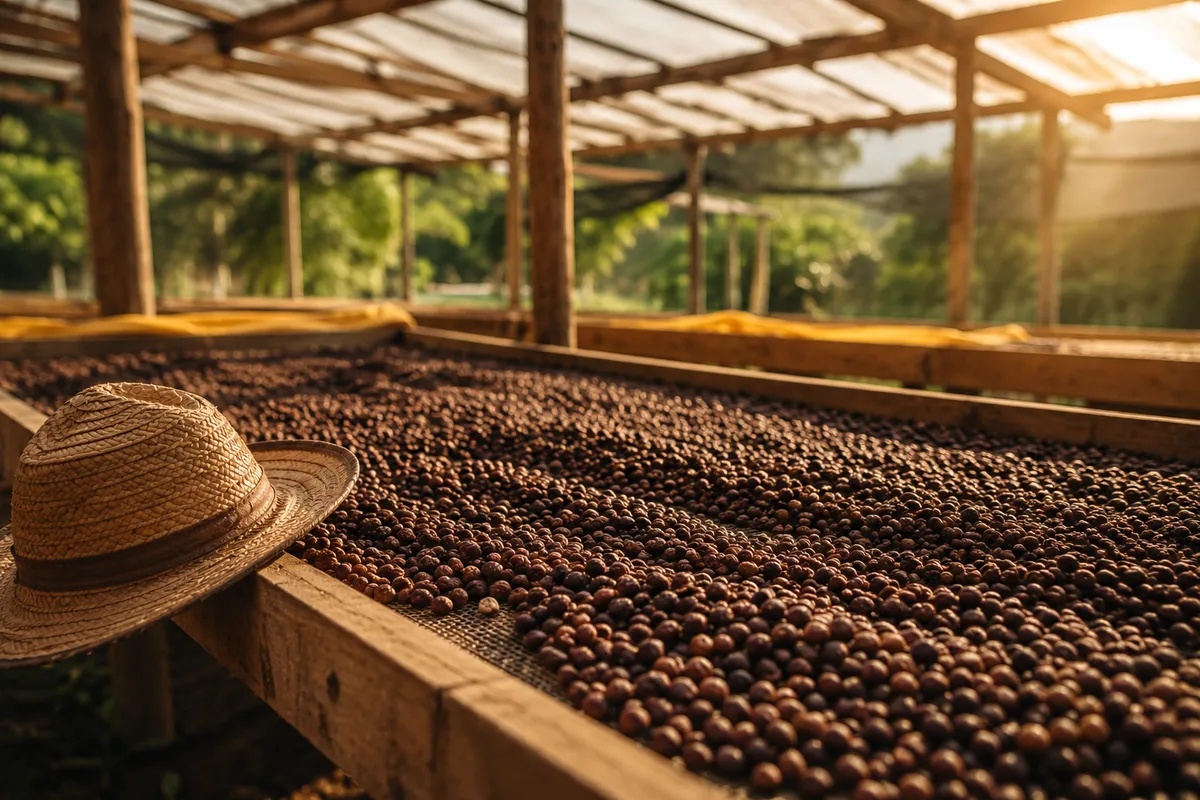 Coffee beans drying on raised beds
