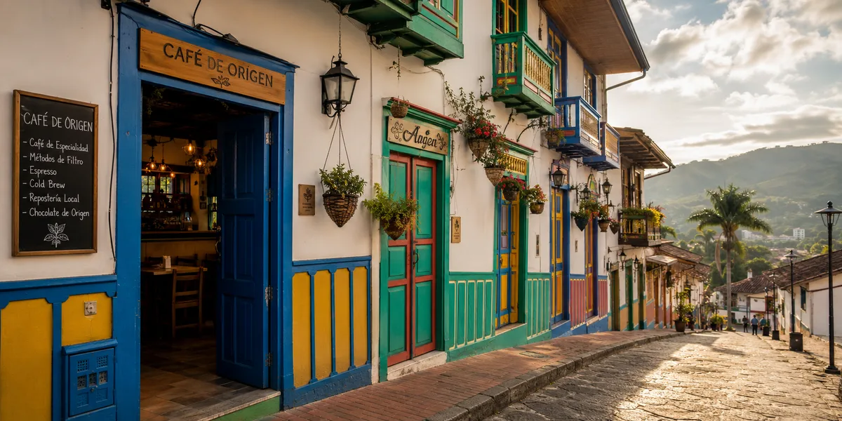 Colorful Colombian pueblo street with café