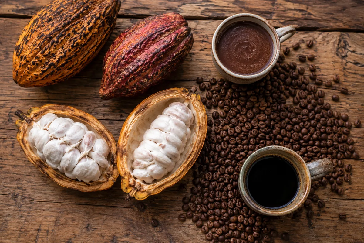 Cacao pods and coffee beans on wooden table